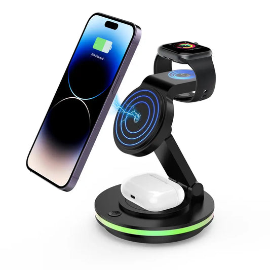 3 in 1 Wireless Charging Station for Multiple Apple Devices, Rotatable and Foldable Magnetic Charger Stand, Mag-Safe Charger Stand for Iphone 15 14 13 12 Pro Max/Plus/Pro/Mini, Apple Watch 9 8 7 6 SE 5 4 3 2, Airpods Pro 3 2 Ideal as a Gift